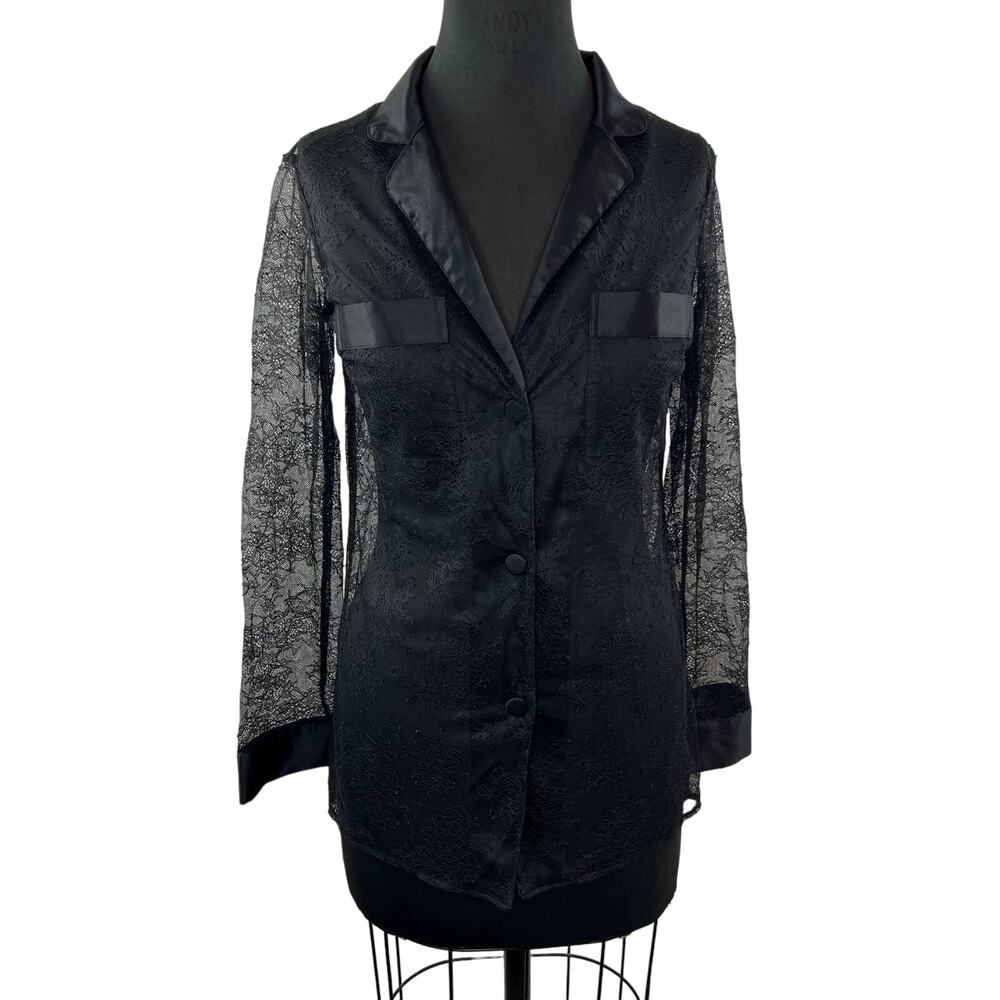 Victoria's Secret Black Button Down Lace Collared Satin Trim Blouse Size S Small